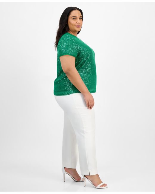 Anne Klein Green Plus Size Sequin Mesh Banded Blouse