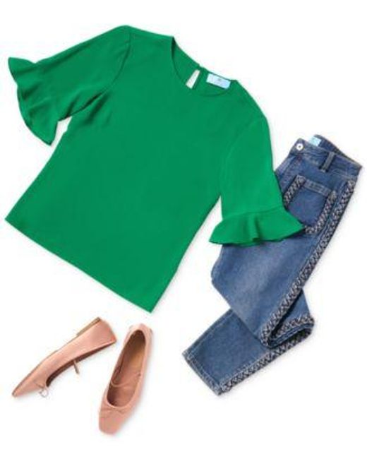 Cece Green Ruffled Cuff 3 4 Sleeve Crew Neck Blouse Braided Patch Pocket Skinny Jeans