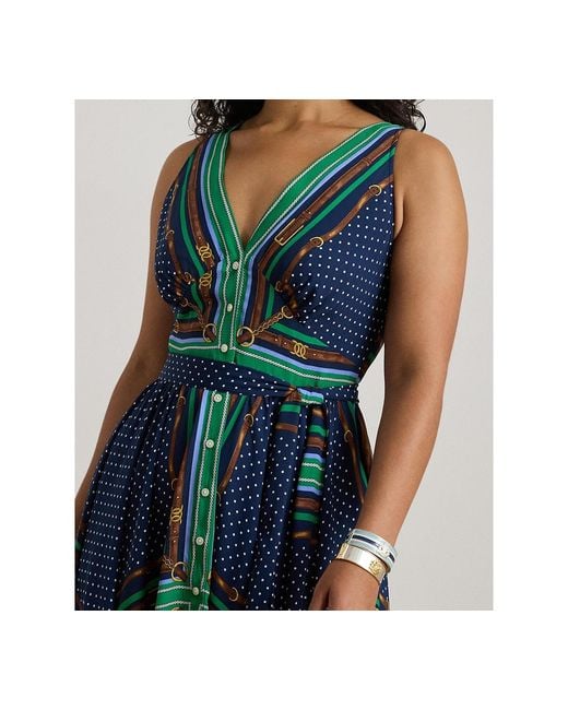 ralph lauren plus size cocktail dresses Ralph Lauren Plus Size Belted Polka-dot V-neck Dress in Blue