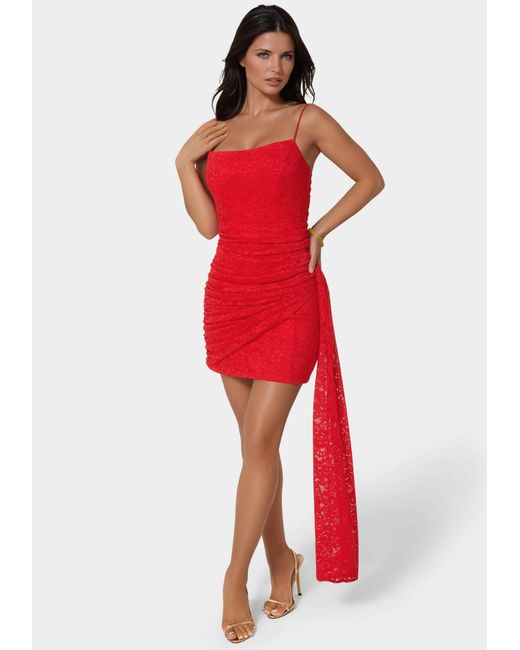 Bebe Strapless Lace Drape Detail Mini Dress in Red | Lyst