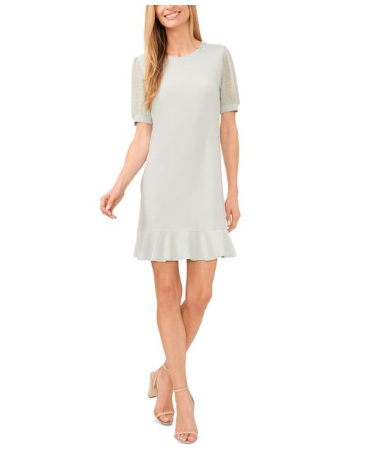 Cece White Mixed Media Puffed Clip Dot Short Sleeve Dress