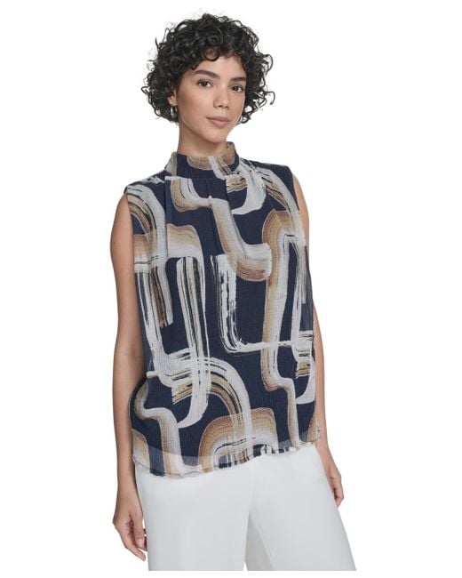 Calvin Klein Blue Printed Mock-neck Sleeveless Blouse