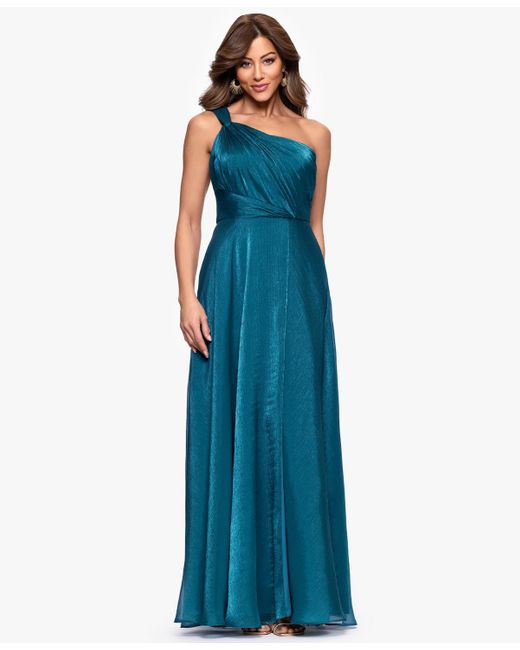 xscape asymmetrical one-shoulder dress Xscape Women's Ruffled One-Shoulder Scuba Gown - Plum