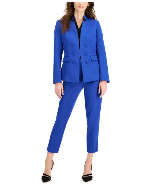 Tahari Blue Faux Double-breasted Jacket, Sailor-style Blouse & Cropped Pants