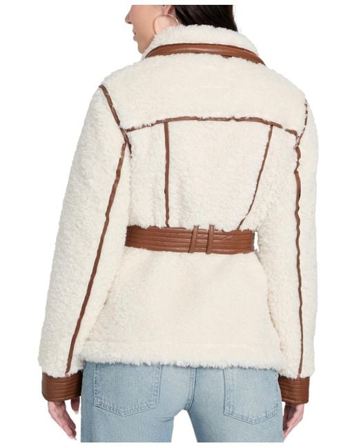 Guess Blue Belted Faux-shearling Coat