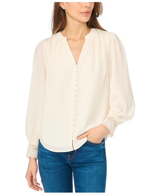 Cece White Lace-cuff Button-front V-neck Blouse