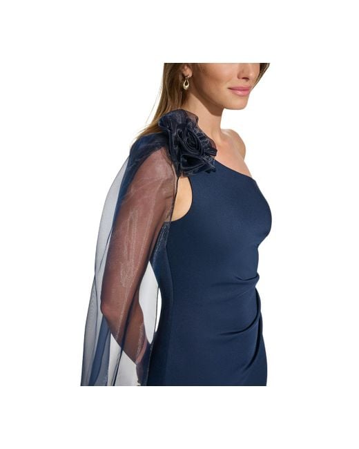 Eliza J Blue Rosette-trim Draped One-shoulder Gown