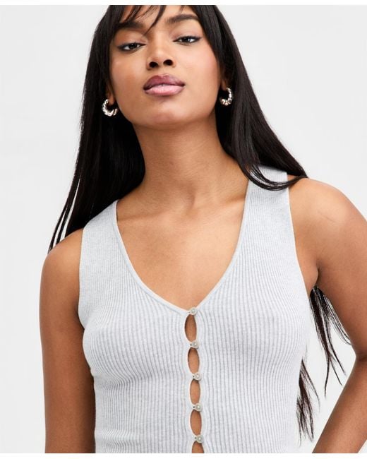BarIII Blue Ribbed Button-front Top
