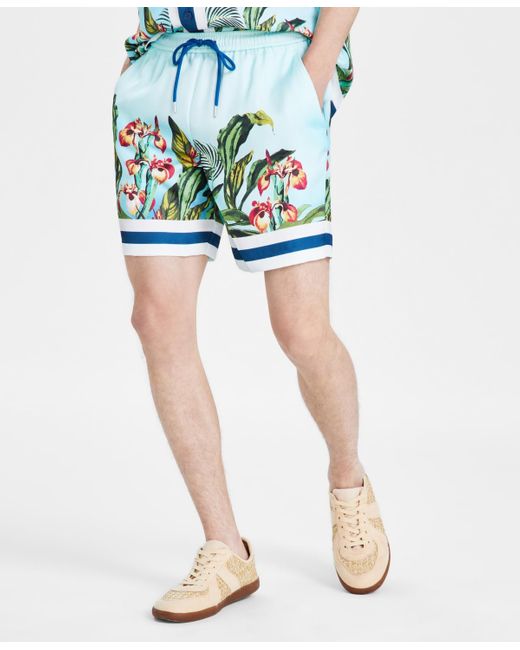 INC International Concepts Blue Thom Regular-fit Tropical-print 7" Drawstring Shorts for men