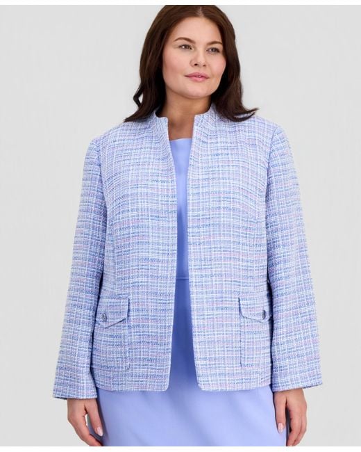 Kasper Blue Plus Size Open-front Tweed Jacket