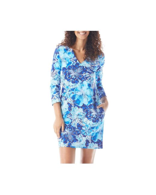 Beach House Style Blue Quinn Split Neck Tunic Dress