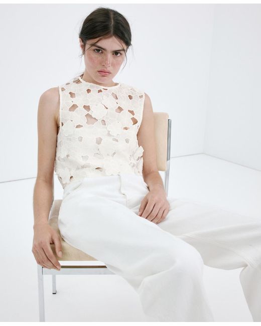 Mango White Openwork Embroidery Top