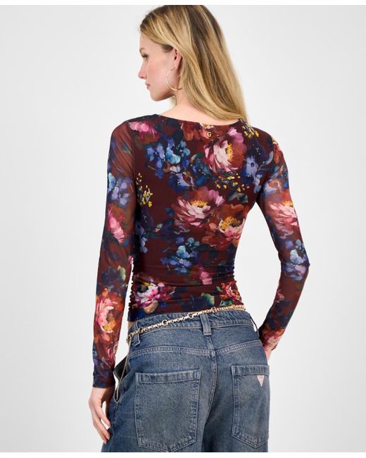 Guess Blue Bernardette Asymmetric Printed Mesh Top