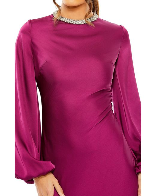 Mac Duggal Purple Ieena Satin Long Blouson Sleeve Evening Gown