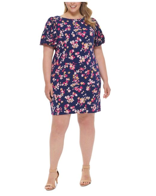 Jessica Howard Plus Size Floralprint Puffsleeve Sheath Dress in Blue