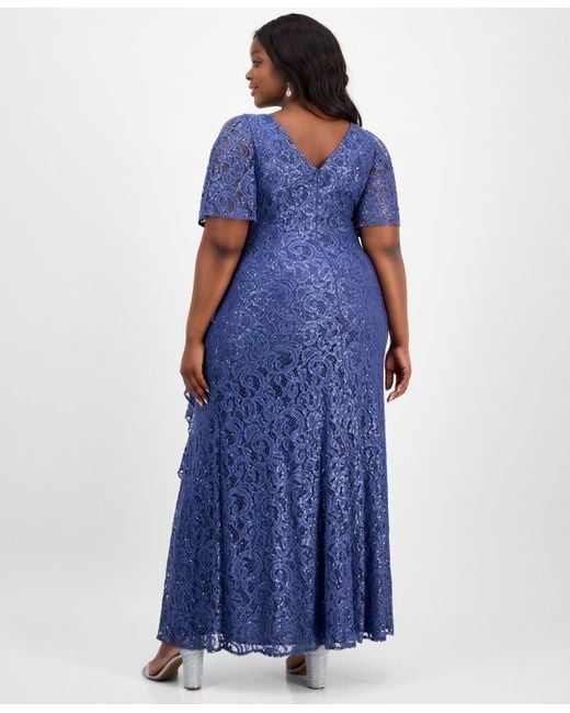 Alex Evenings Blue Plus Size V-neck Ruffle-trim-slit Sequin Dress