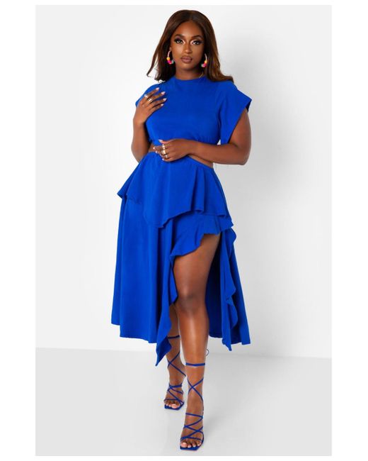 Rebdolls Blue Plus Size Cut Out High Slit Midi Skater Dress