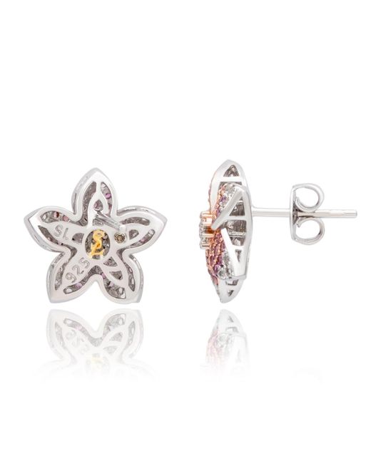 SUZY LEVIAN NEW YORK Pink Suzy Levian Sterling Silver Sapphire Created White Sapphire Flower Earrings