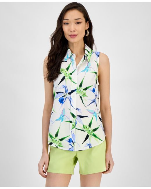 INC International Concepts White Printed Button Down Sleeveless Blouse Xs P Xl Exclusively At Macys