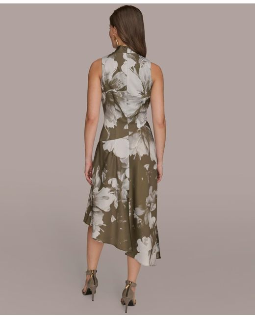 Donna Karan Petite Satin Asymmetrical Floral Midi Dress in Brown | Lyst