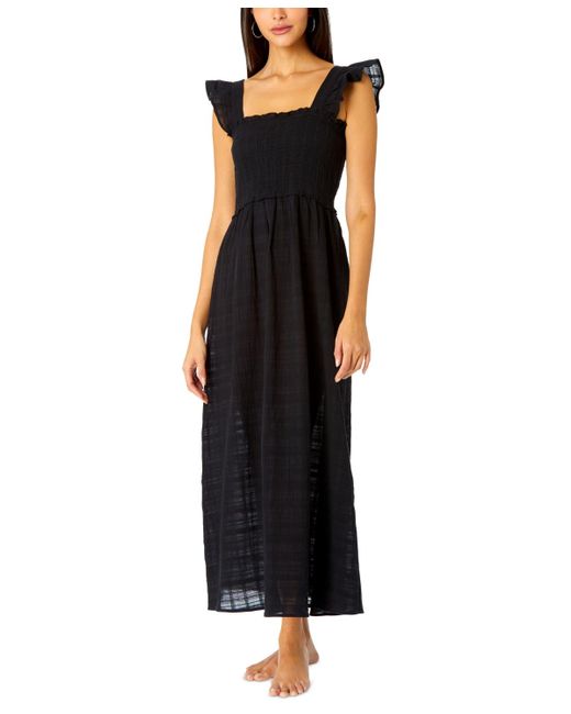 Anne Cole Black Cotton Flutter-sleeve Cover-up Midi Dress