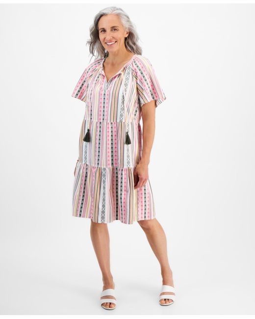 Style & Co. Pink Petite Mountain Stripe Tiered Dress