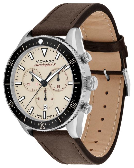 Movado Black Swiss Chronograph Calendoplan S Cognac Leather Strap Watch 42mm for men