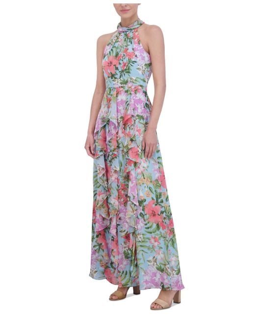 Eliza J White Floral-print Ruffled Halter Maxi Dress