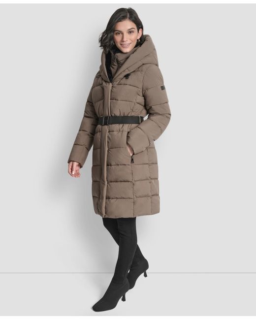 DKNY Brown Belted Asymmetrical Zip Front Puffer Coat