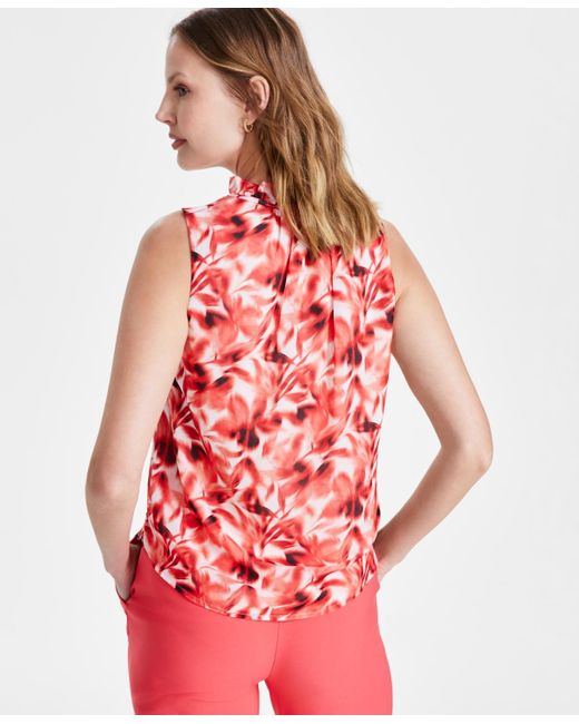 Anne Klein Red Ruffled Tie-neck Floral-print Top