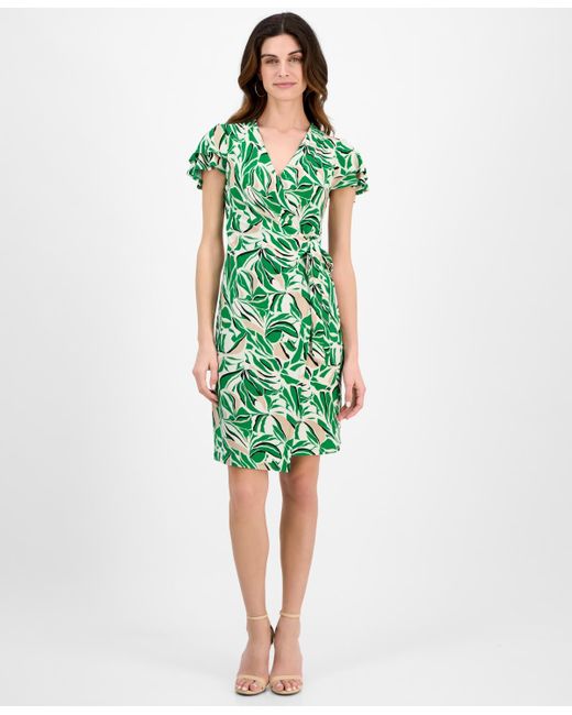 Anne Klein Green Faux-wrap Flutter-sleeve Print Dress