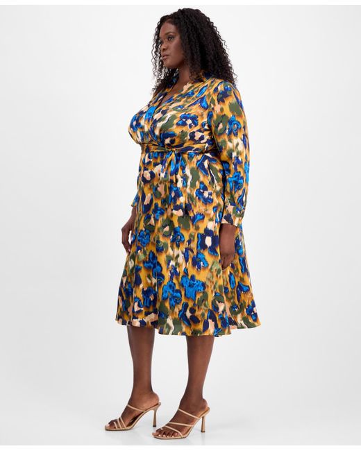Tahari White Plus Size Printed V-neck Tie-waist Midi Dress