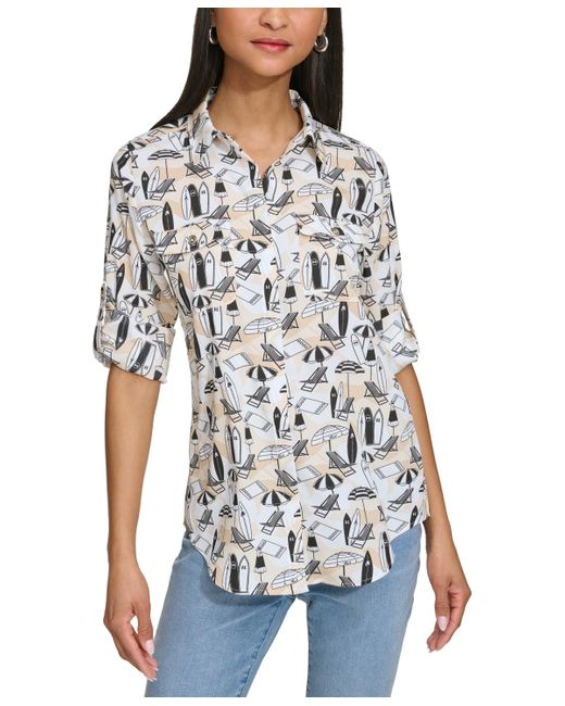 Karl Lagerfeld White Whimsical-print Roll-tab-sleeve Covered-placket Top