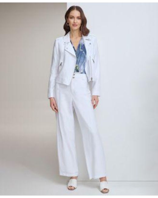 DKNY White Crinkled Asymmetric Front Zip Moto Jacket Printed V Neck Puff Sleeve Top Top Stitched Crinkle Trousers