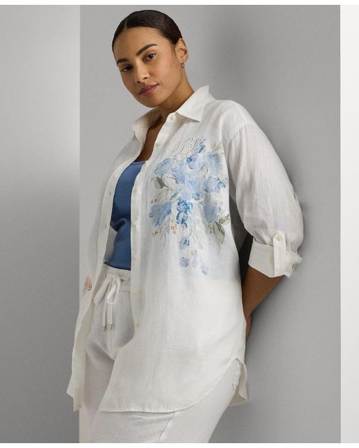 Lauren by Ralph Lauren Gray Plus Size Linen Floral Roll-tab Shirt
