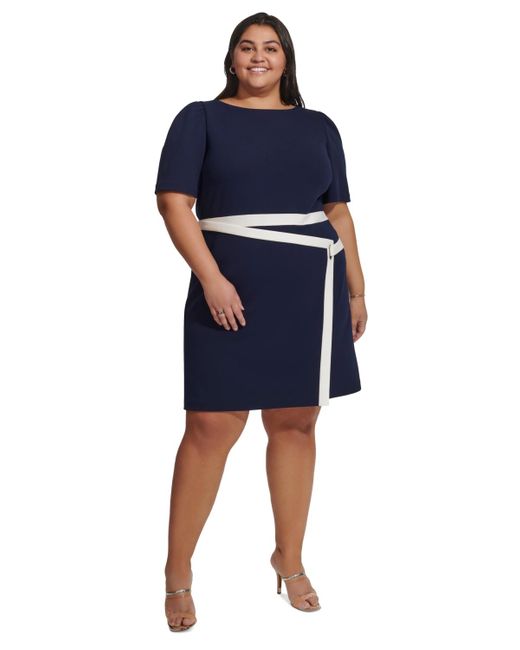 DKNY Blue Plus Size Puff-sleeve Tipped Dress