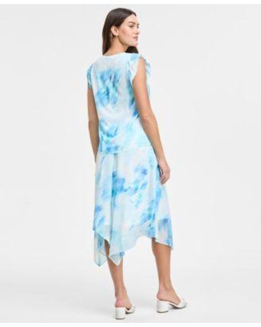 Jones New York Blue Printed Flutter Sleeve Top Ruffled Skirt