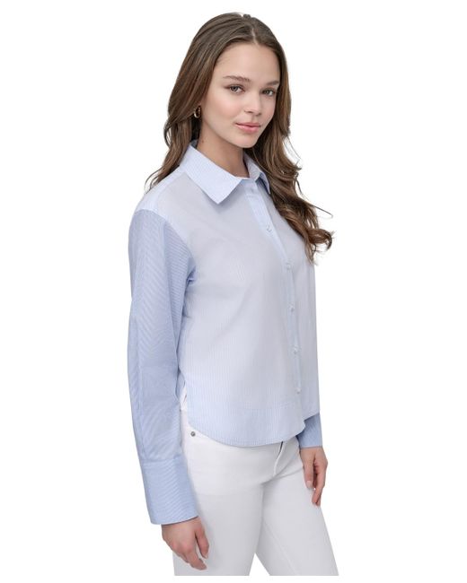 DKNY Blue Cropped Long-sleeve Button-front Shirt