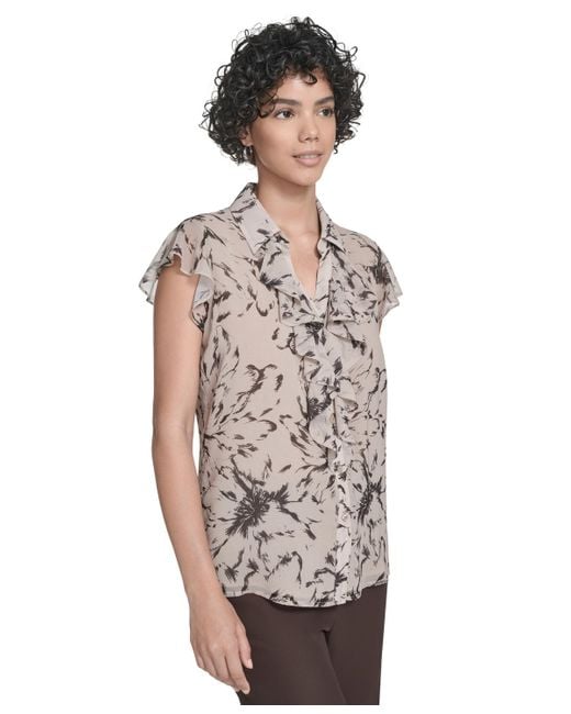 Calvin Klein Gray Printed Flutter-sleeve Ruffle Blouse