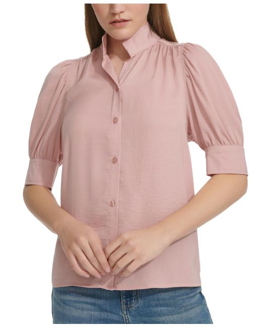 Calvin Klein Pink Charmeuse Puff-sleeve Stand-collar Top