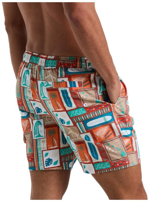 Original Penguin Blue Slim Fit Surf Print Drawstring 7" Swim Trunks for men