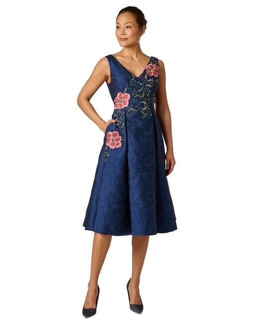 adrianna papell blue multi dress Adrianna Papell Women's Floral Jacquard Midi Dress Color Blue Multi Size 2  $229