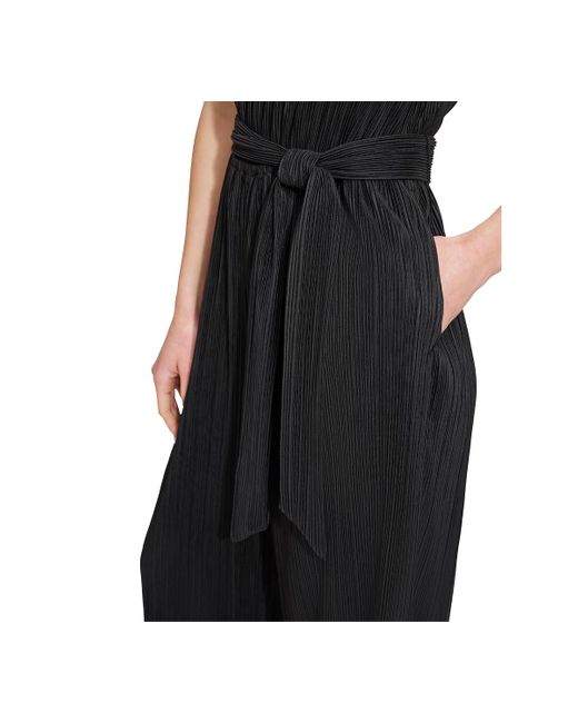 DKNY Black Plisse One-shoulder Wide-leg Jumpsuit