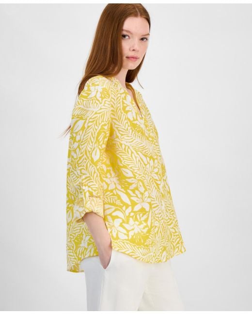 Charter Club Yellow 100% Linen Printed Button-front Top