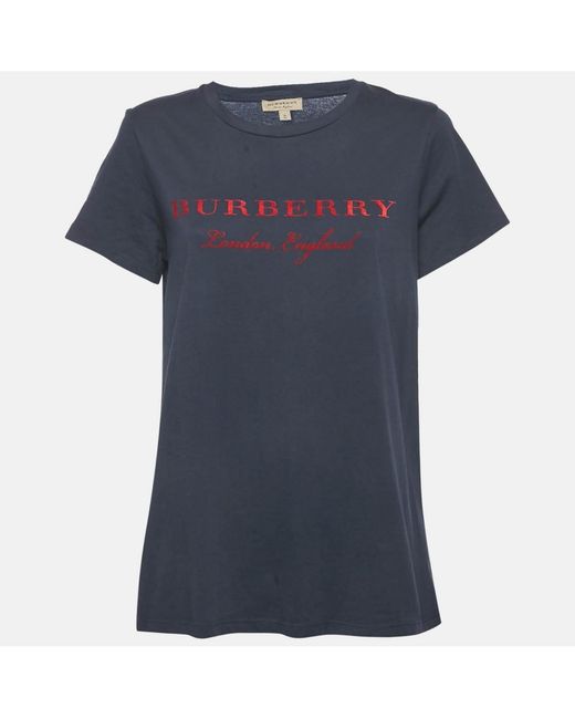 Pre-owned Burberry Navy Blue/red Logo Flocked Jersey T-shirt