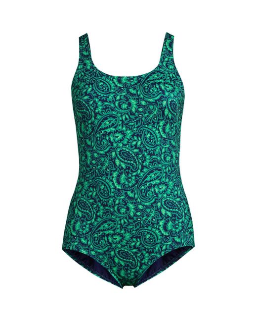 Lands' End Green Long Scoop Neck Soft Cup Tugless Sporty One Piece Swimsuit Print