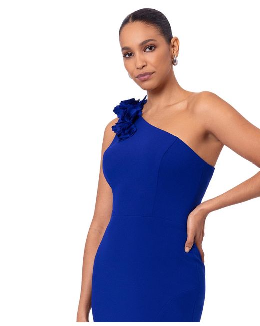 Xscape Blue Embellished One-shoulder Scuba Gown