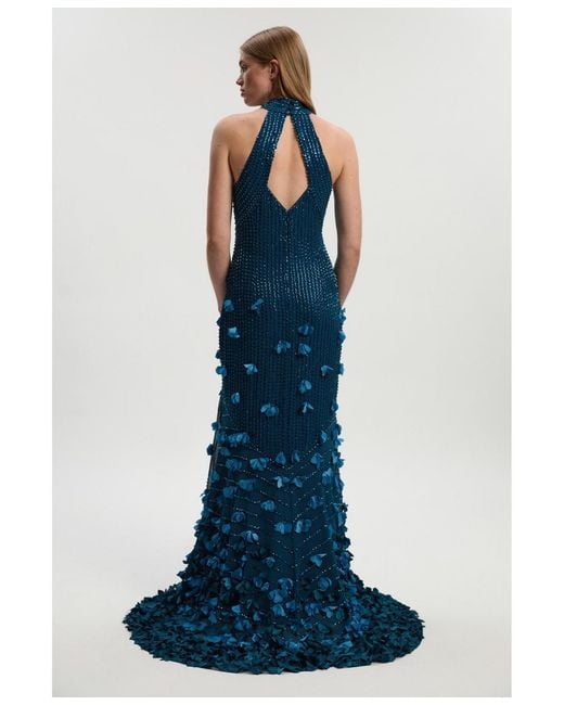 Karen Millen Blue Woven Maxi Rosette Maxi Dress