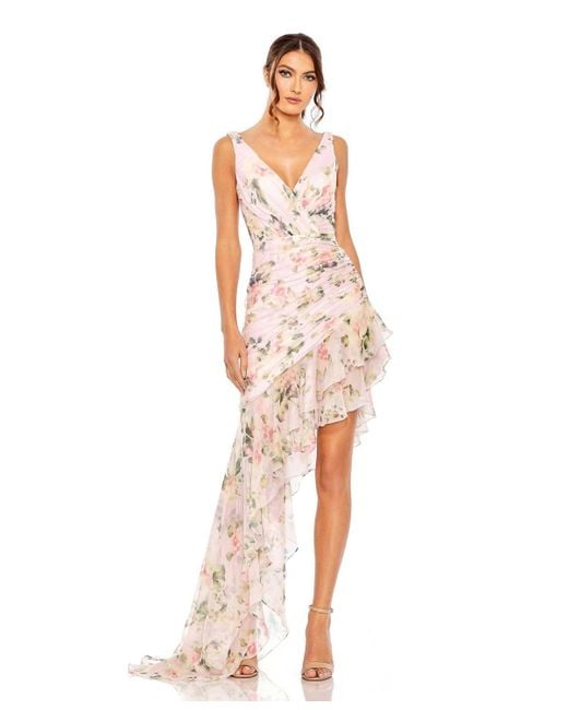 Mac Duggal White Ieena Floral Print Asymmetrical Ruffle Hem Dress