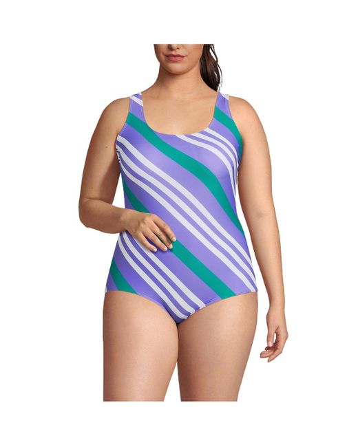Lands' End Blue Plus Size Chlorine Resistant Tugless One Piece Swimsuit Soft Cup